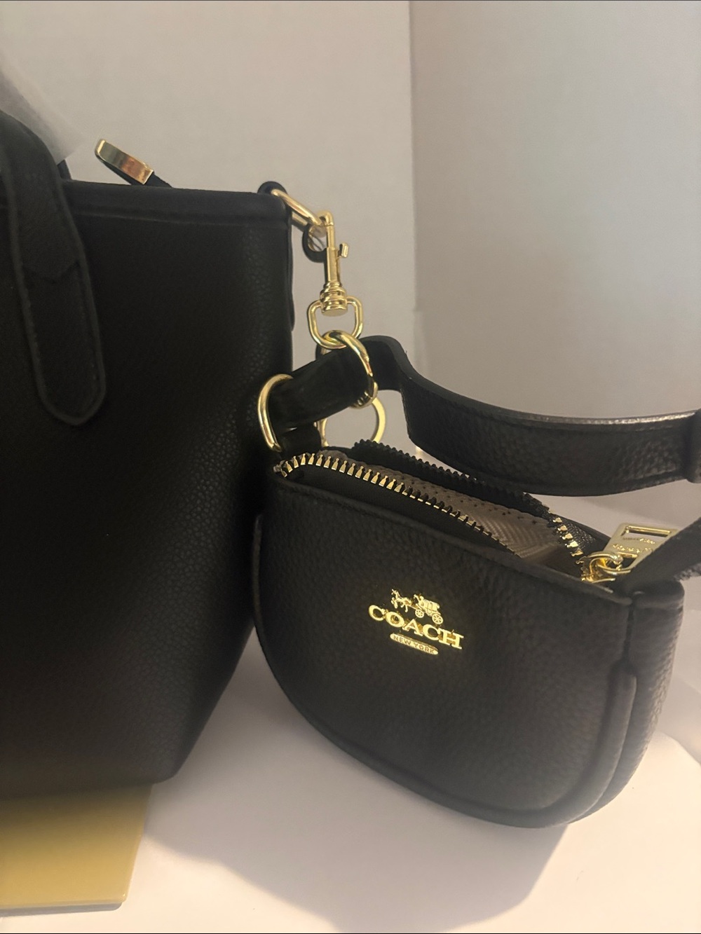 Coach Black Pebbled Leather Tote with Mini Pouch and Strap - Picture 9 of 11